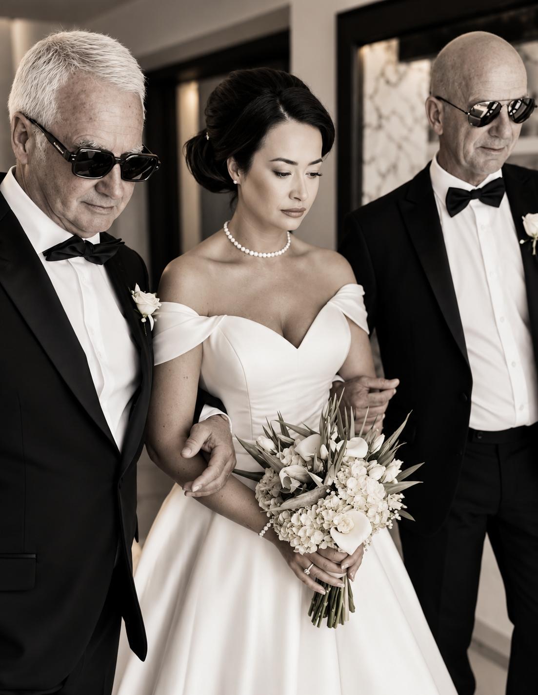 Bride with groomsmen in dark sunglasses