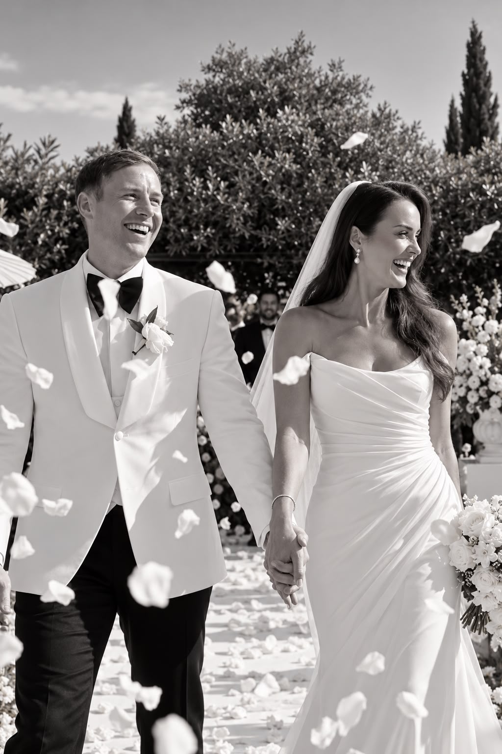 Newlyweds walking down the aisle under a shower of flower petals