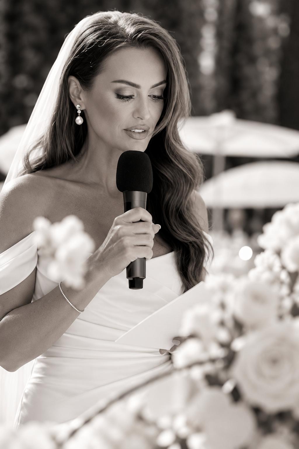 Bride reading her vows into a microphone